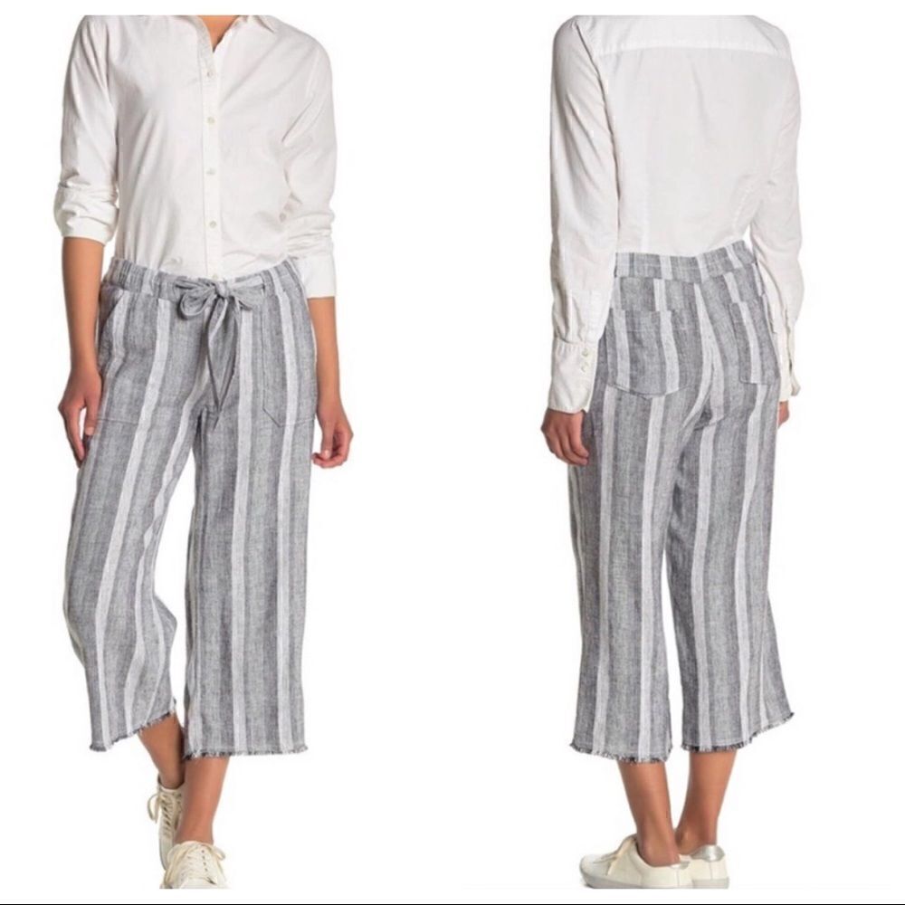CASLON Linen Stripe Crop Pants Belted Waist Fringe Hem Beachy Small Petite